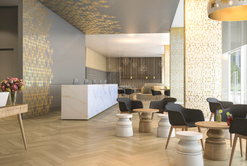 rendering luxury hotel reception and lounge