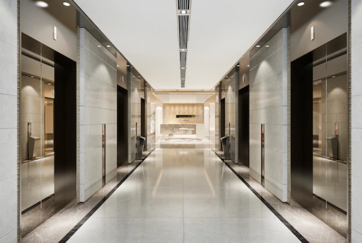 Modern steel elevator lift lobby in business hotel with luxury design near corridor