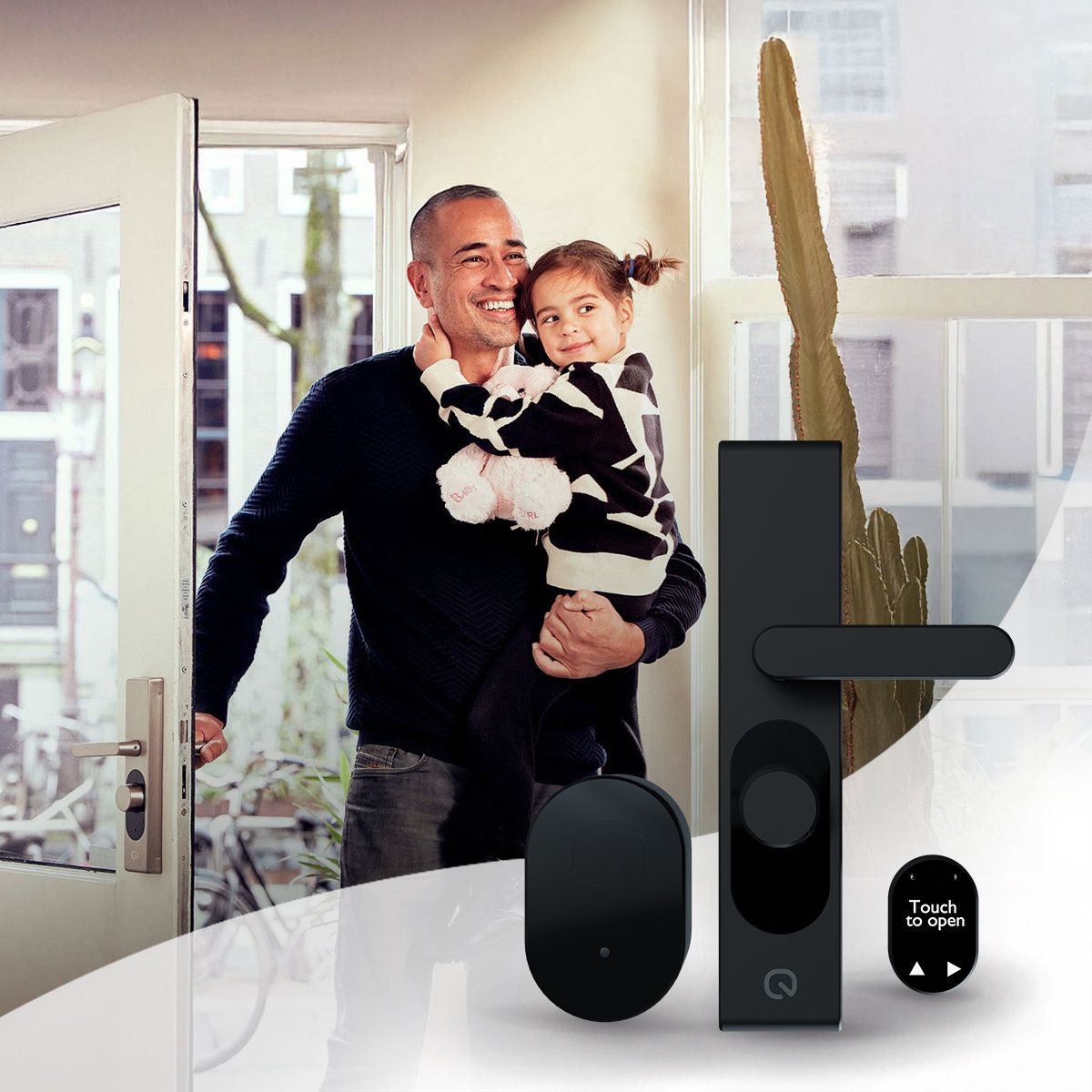 A father carrying a child walks into his home. In the foreground, there is a Shelly Locked Touch Smart Lock.
