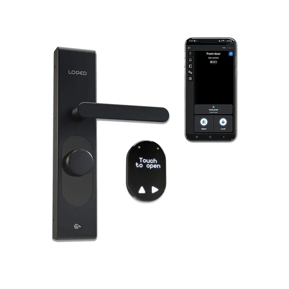 product photo with lock, remote and smartphone; control the door lock by app in a smart-home access system