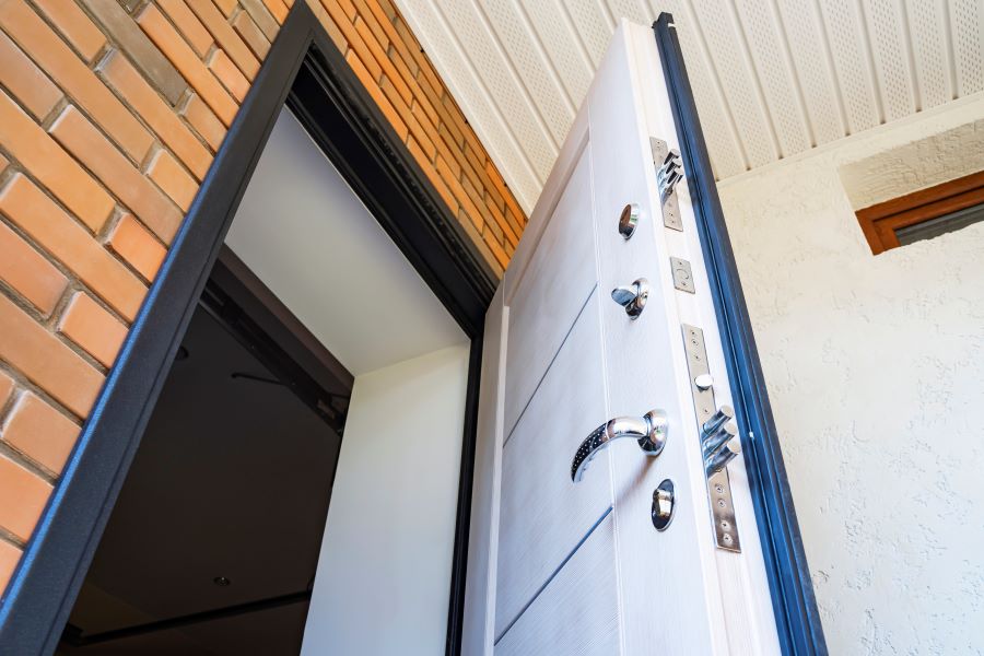 Open front door with locks; Shelly Plus Uni enables smart door control via Alexa voice command