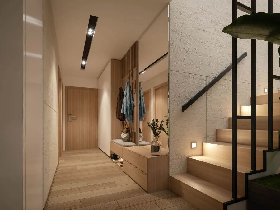 Presence detection – empty, lit hallway; a presence sensor prevents unnecessary light shutoff during quiet presence. 