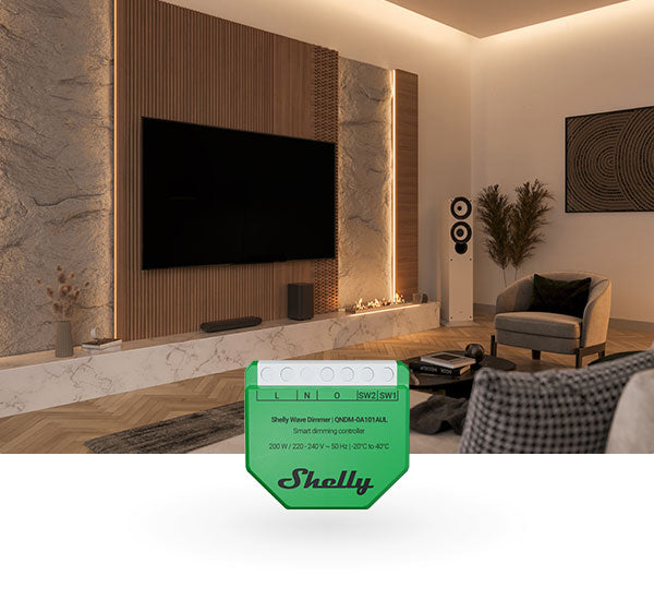 Shelly Wave Dimmer compatible with Z‑Wave smart‑home hubs; dimmer with power monitoring