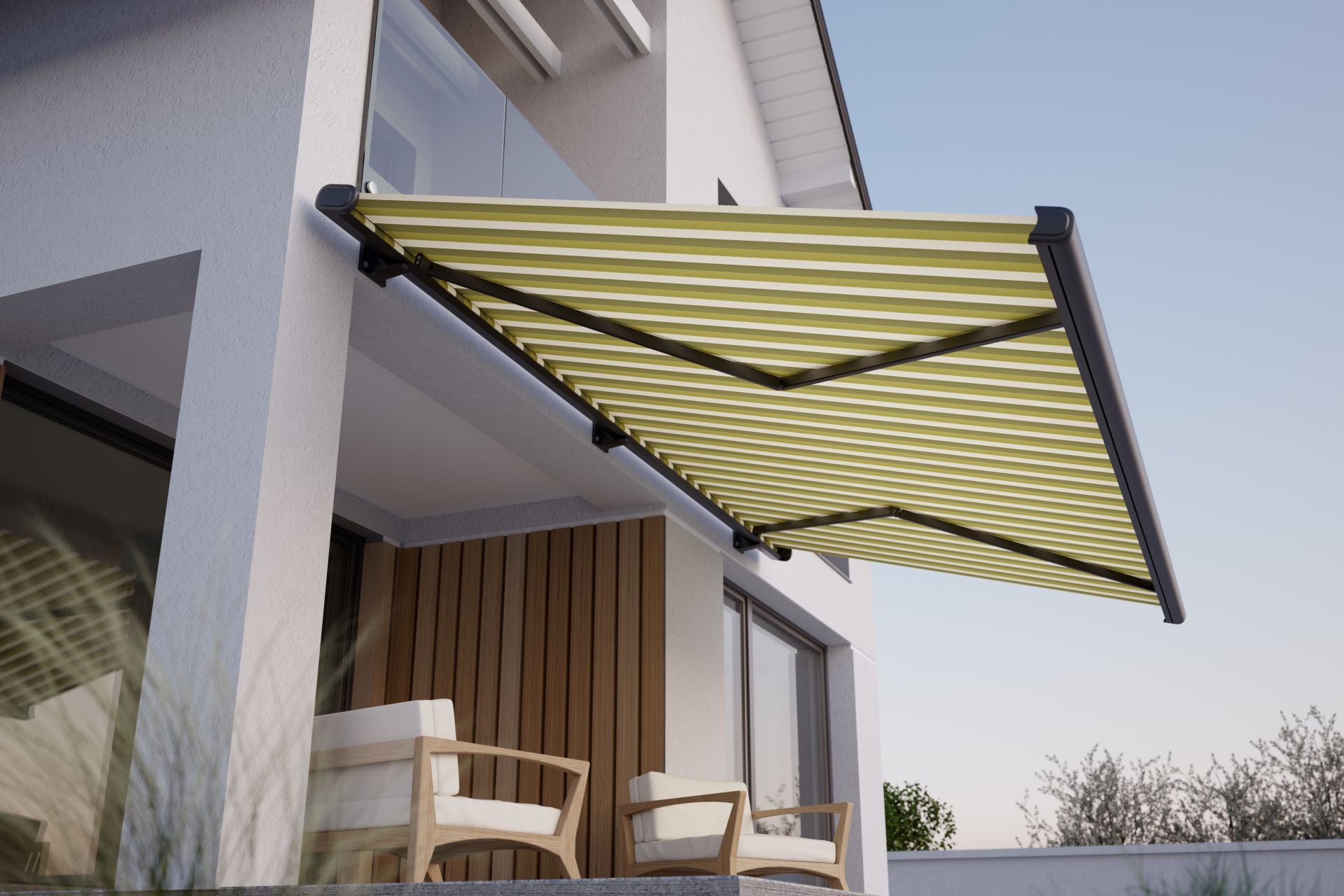 Terrace with extended awning; automatic awning control protects against wind and gusts.