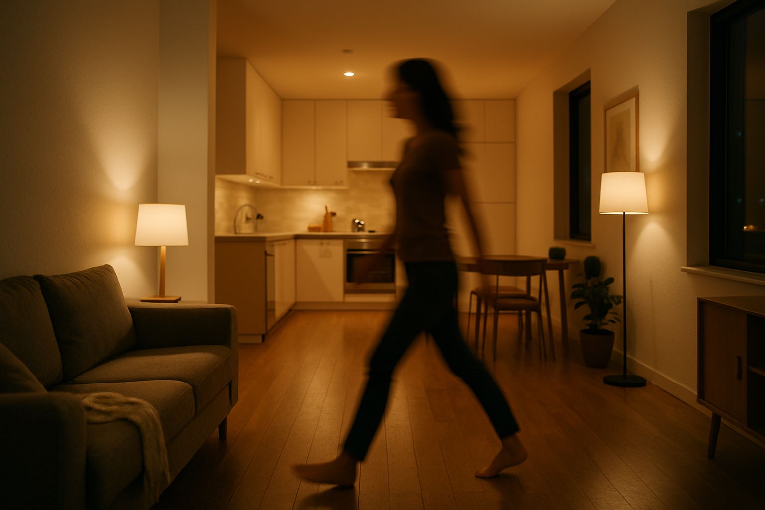 Presence detection – silhouette of a woman in an open-plan kitchen; the smart home detects presence and switches lights automatically. 