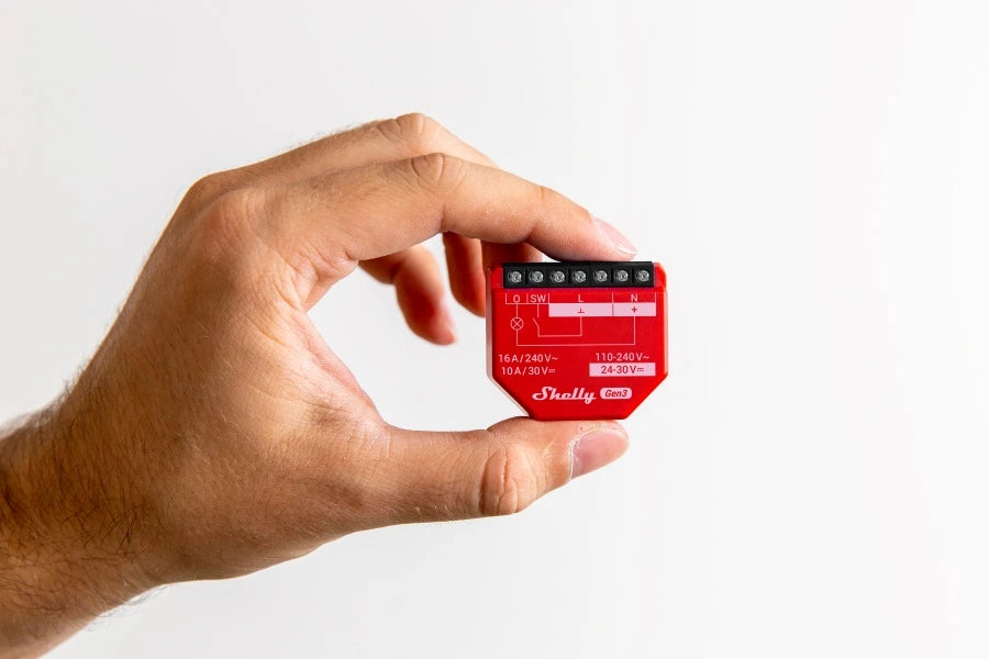 Shelly-1PM-Gen3 smart switch, with power monitoring, for remote control of a wide range of home appliances and office equipment.