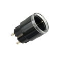 The Shelly Plug S Gen3 List is a black and transparent electrical plug adapter with two round metal prongs, displayed on a plain white background.