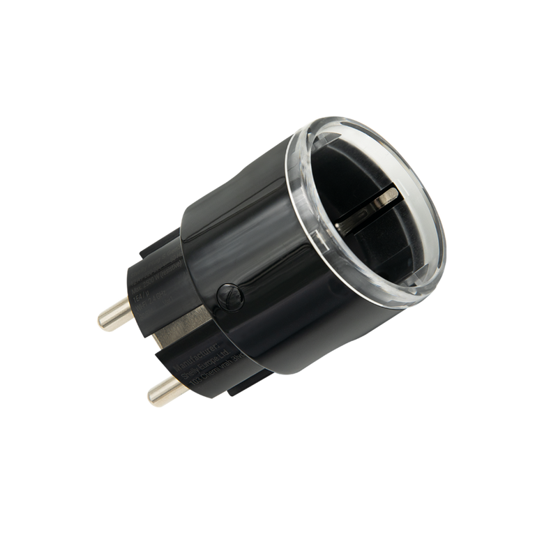 The Shelly Plug S Gen3 List is a black and transparent electrical plug adapter with two round metal prongs, displayed on a plain white background.