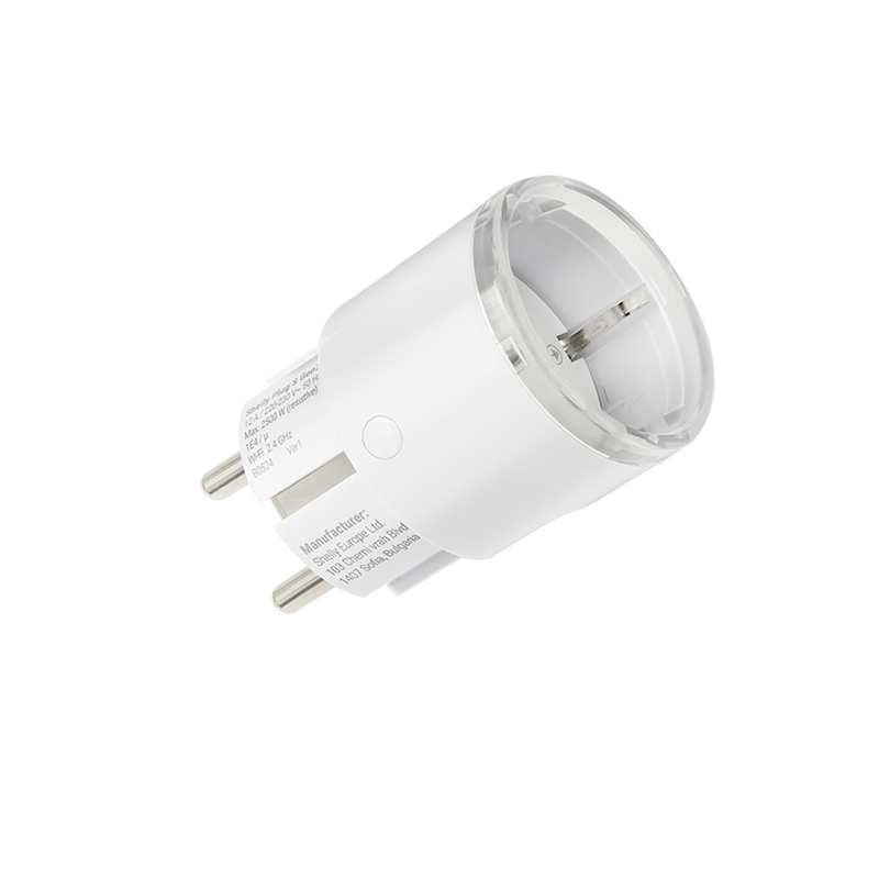 The Shelly Plug S MTR Gen3 White is a Matter-compatible smart plug with a sleek cylindrical design, two metal prongs, and a translucent rim—ideal for seamless integration into your smart home.