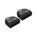 Two Shelly 2PM Gen3 modules, black and rectangular with multiple screw terminals and printed labels on top, are placed side by side on a plain white background.