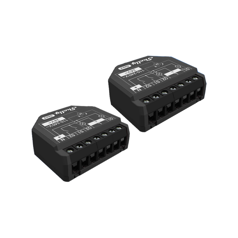 Two Shelly 2PM Gen3 modules, black and rectangular with multiple screw terminals and printed labels on top, are placed side by side on a plain white background.
