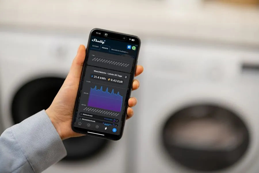 Smartphone with the Shelly app in front of a washing machine; visualize individual devices’ live consumption.