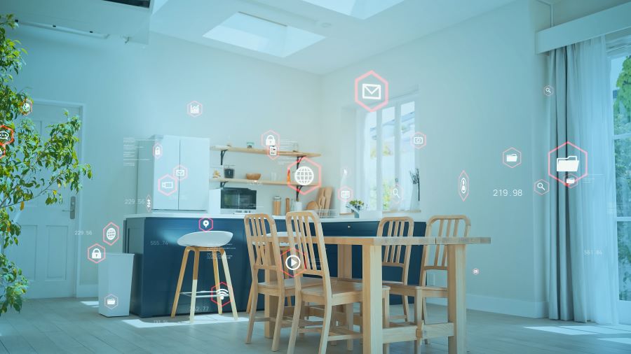 open‑plan kitchen with icons; smart devices communicate over the 868‑MHz frequency band of the Z‑Wave communication standard