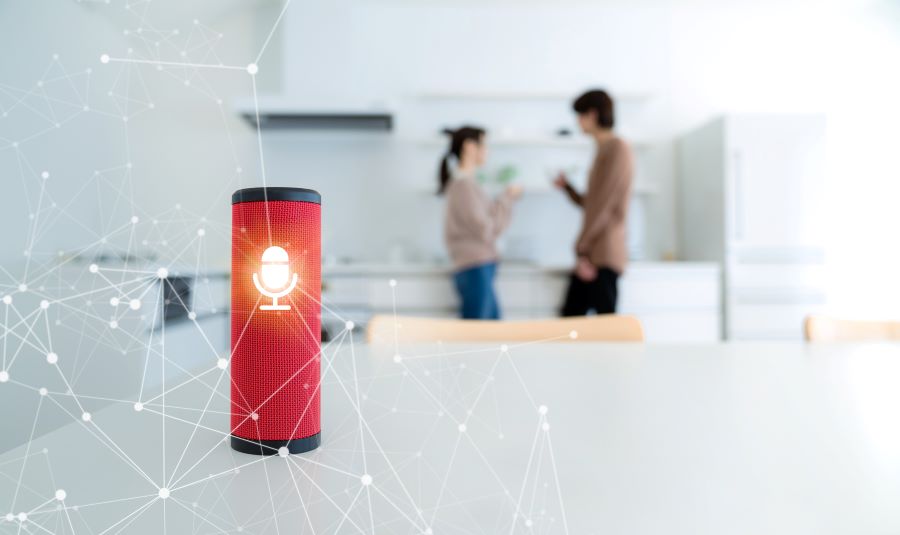Smart speaker accepting a voice command; Z‑Wave Long Range ensures stable wireless links over larger distances