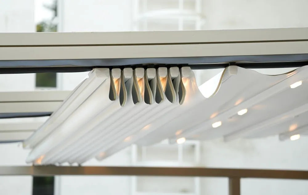 Awning motor extends; wind guard closes the awning at high wind speed