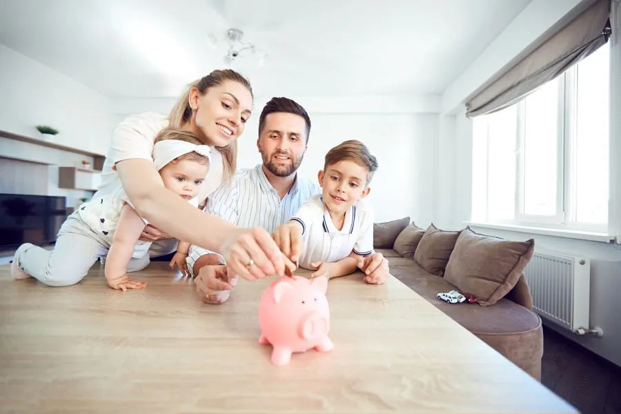 Family puts money in a piggy bank; save energy by analyzing consumption and spotting power guzzlers.
